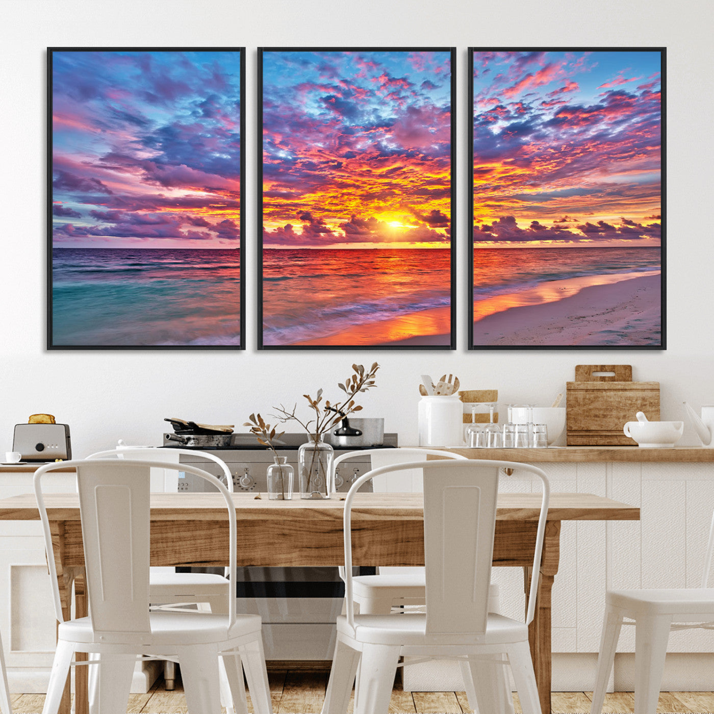MGV-FC-60X30-3P - Vibrant Sunset Beach Wall Art - Ocean Sunset Canvas Print | Coastal Wall Art Decor Stunning Sunset