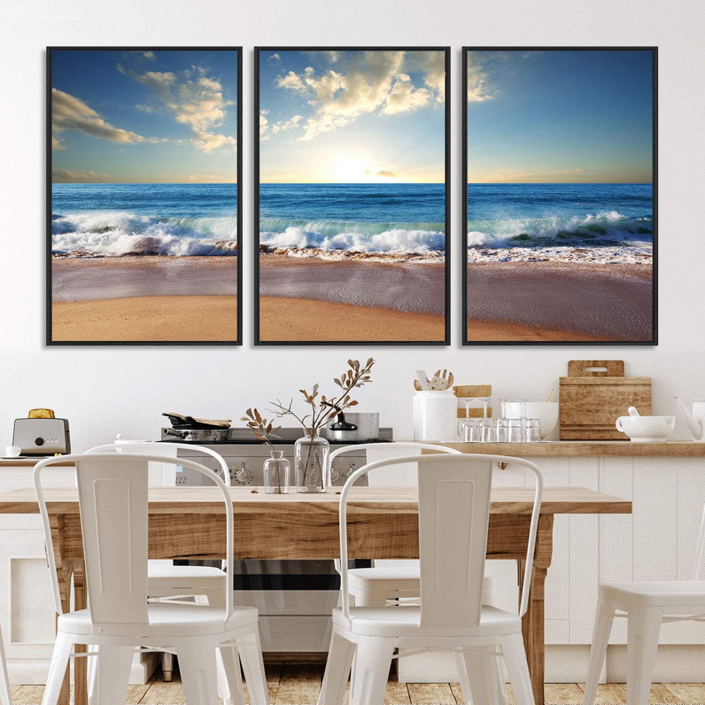MGV-FC-60X30-3P - Serene Ocean Sunset Canvas Wall Art - Beach Waves at Sunset, Ready to Hang