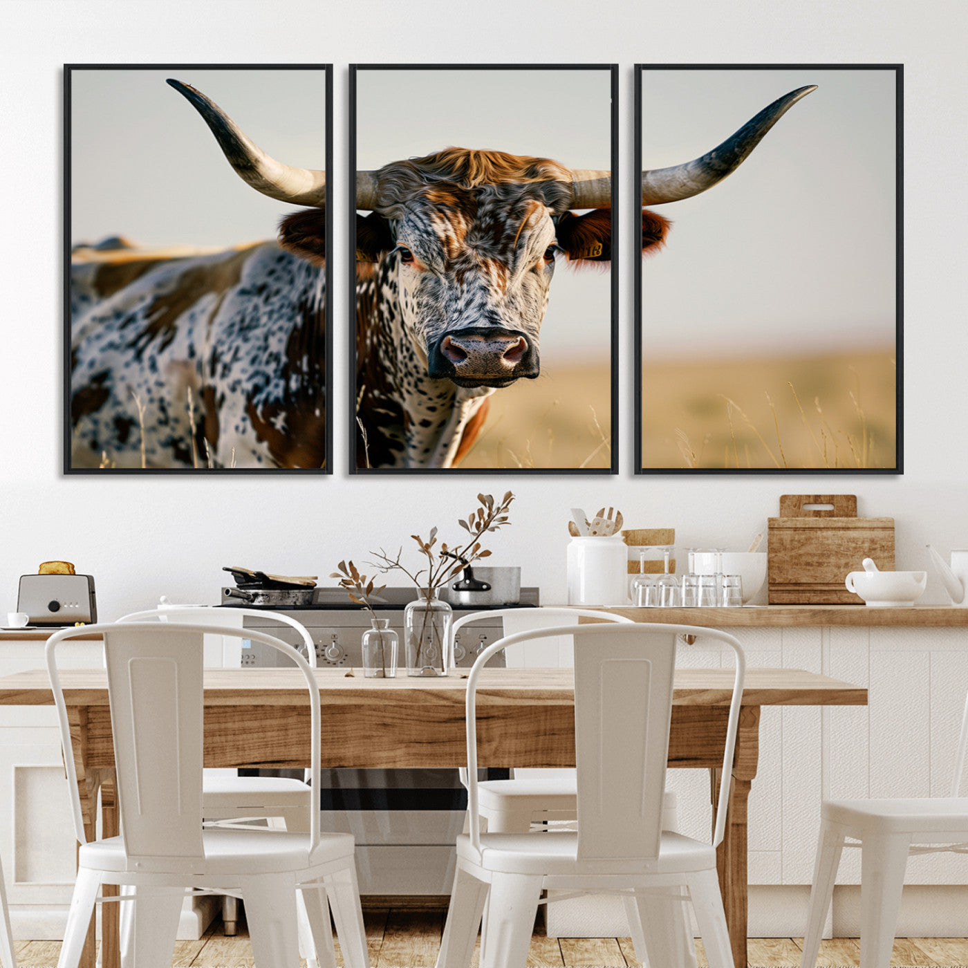 MGV-FC-60X30-3P - Texas Bull Longhorn Wall Art Canvas Print for Farm House Wall Decor, Farmhouse Wall Art Print