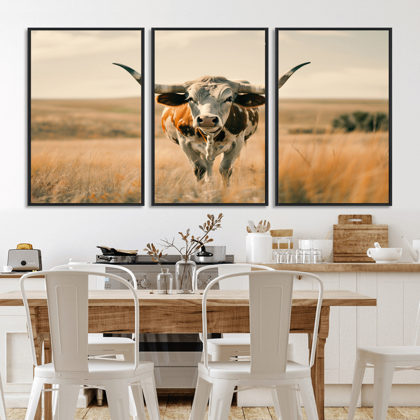 16580-MGV-FC-60X30-3P_Black-Texas Cow Longhorn Wall Art Canvas Print for Farm House Wall Decor, Farmhouse Cow Print Canvas Wall Art Print