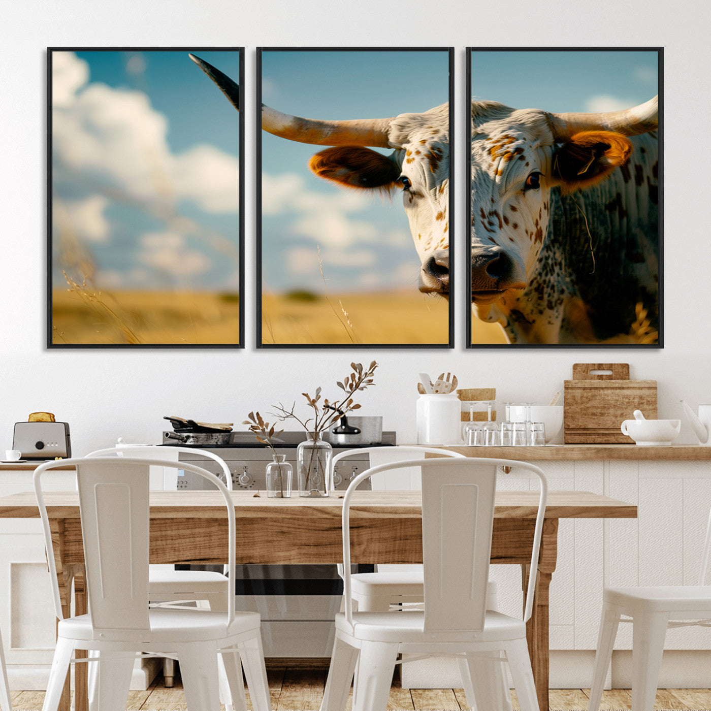 MGV-FC-60X30-3P - Longhorn in the Prairie - Stunning Ranch-Style Triptych Wall Art for Western Home Decor, Cowboy Wall
