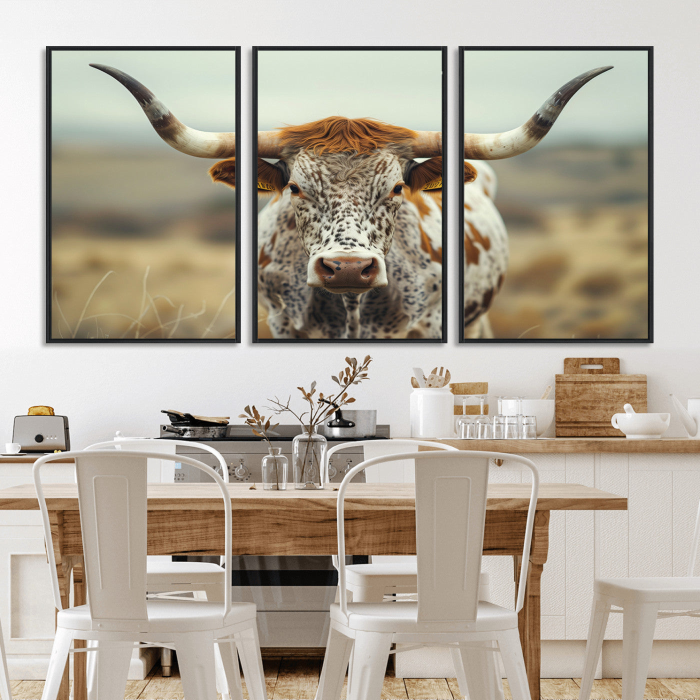 MGV-FC-60X30-3P - Texas Cow Longhorn Wall Art Canvas Print for Farm House Wall Decor, Farmhouse Wall Art Print