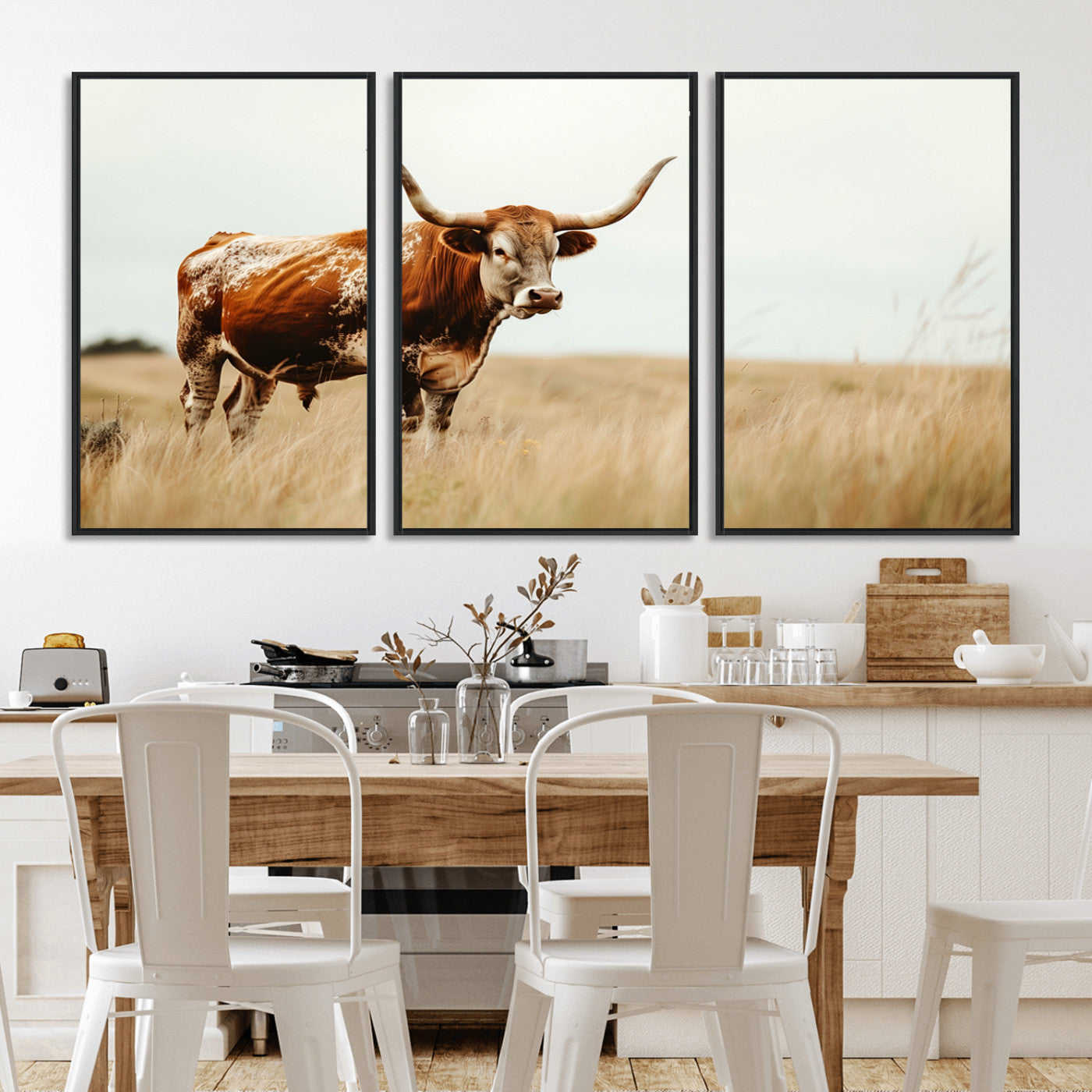 MGV-FC-60X30-3P - Texas Longhorn Canvas Wall Art Print – Majestic Western Cattle in Rustic Farmhouse Decor – Cow Wall