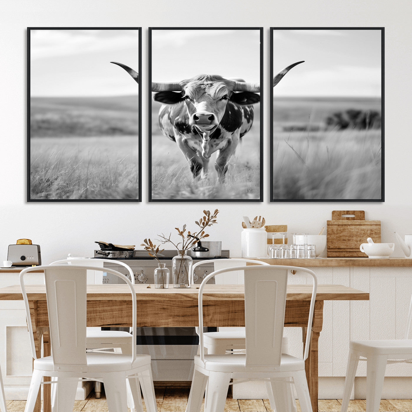 MGV-FC-60X30-3P - Texas Cow Longhorn Wall Art Canvas Print for Farm House Wall Decor, Farmhouse Wall Art Print