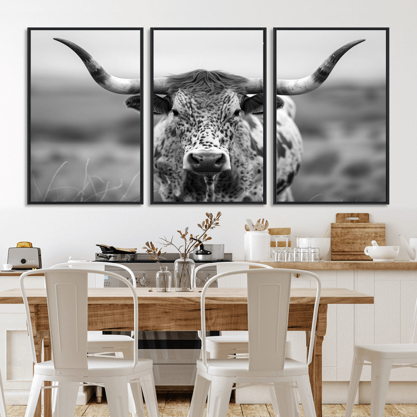 MGV-FC-60X30-3P - Texas Cow Longhorn Wall Art Canvas Print for Farm House Wall Decor, Farmhouse Wall Art Print