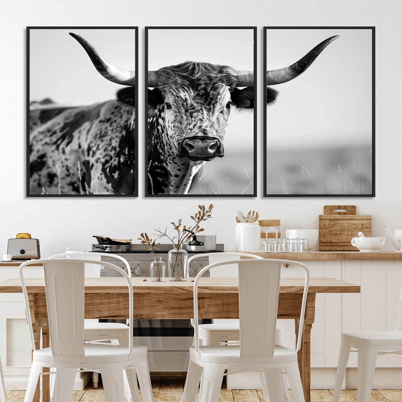 MGV-FC-60X30-3P - Texas Highland Cow Longhorn Canvas Print - Rustic Farmhouse Wall Art - Large Texas Longhorn