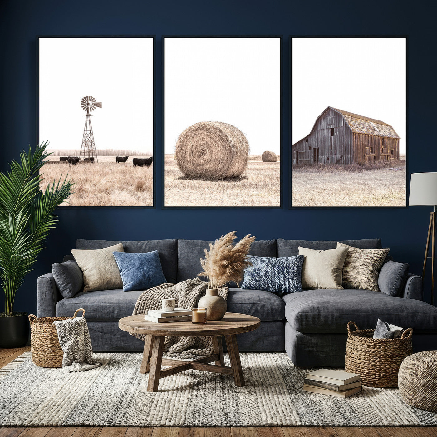 30918-MGV-CV-60X30-3P - Rustic Farmhouse Wall Art Set of 3 – Country Barn and Wheat Field | Farm Prints for Country Home and