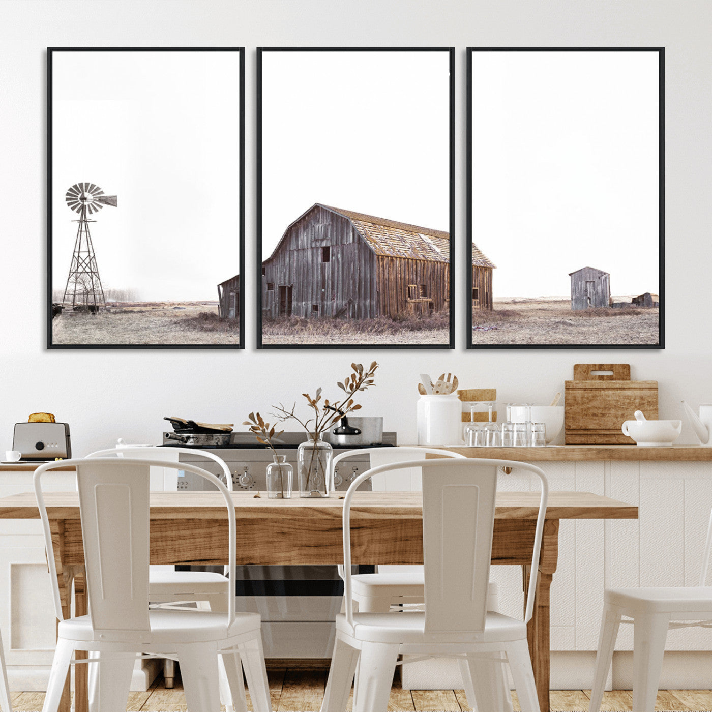 -Set of 3 Rustic Farmhouse Wall Art Prints – Country Barn, Wheat Field, and Farm Landscape for Cozy