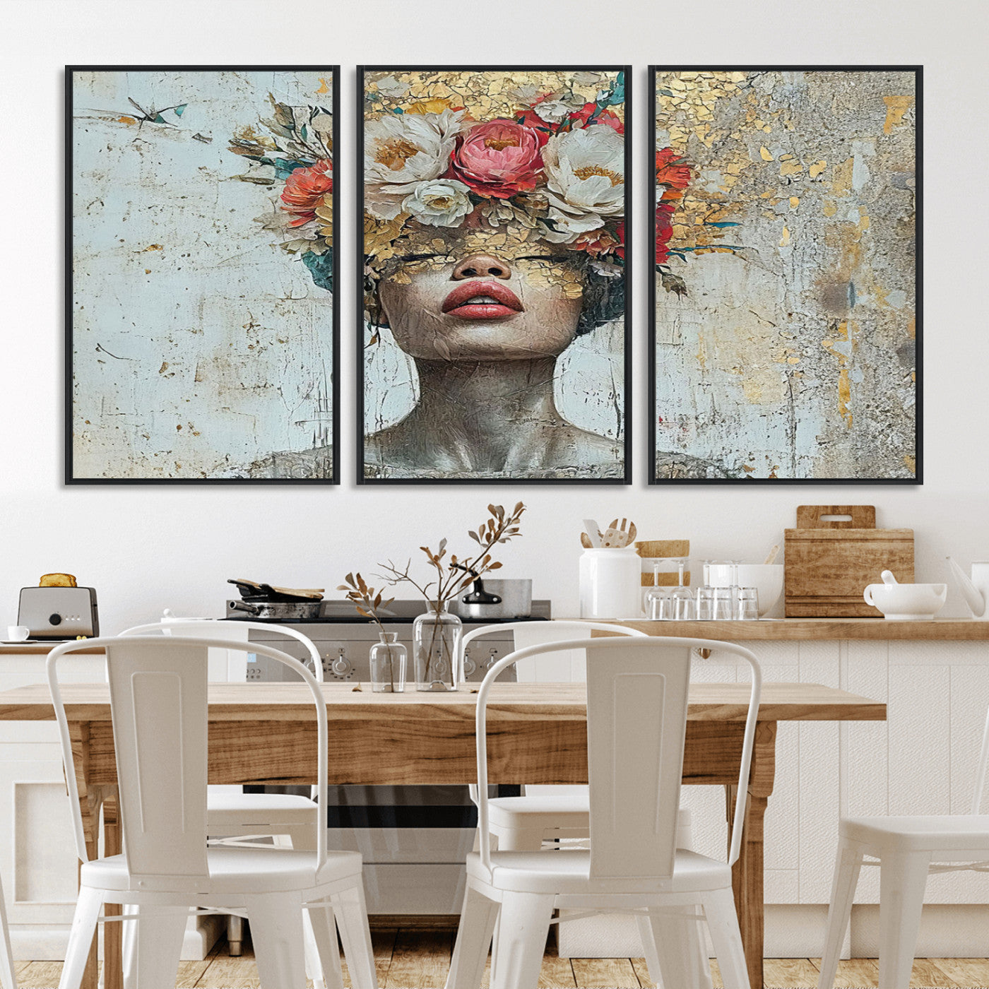 MGV-FC-60X30-3P - Golden Petal Wall Art Canvas Print - Silhouette Woman Wall Art Canvas Print, Floral Woman Portrait
