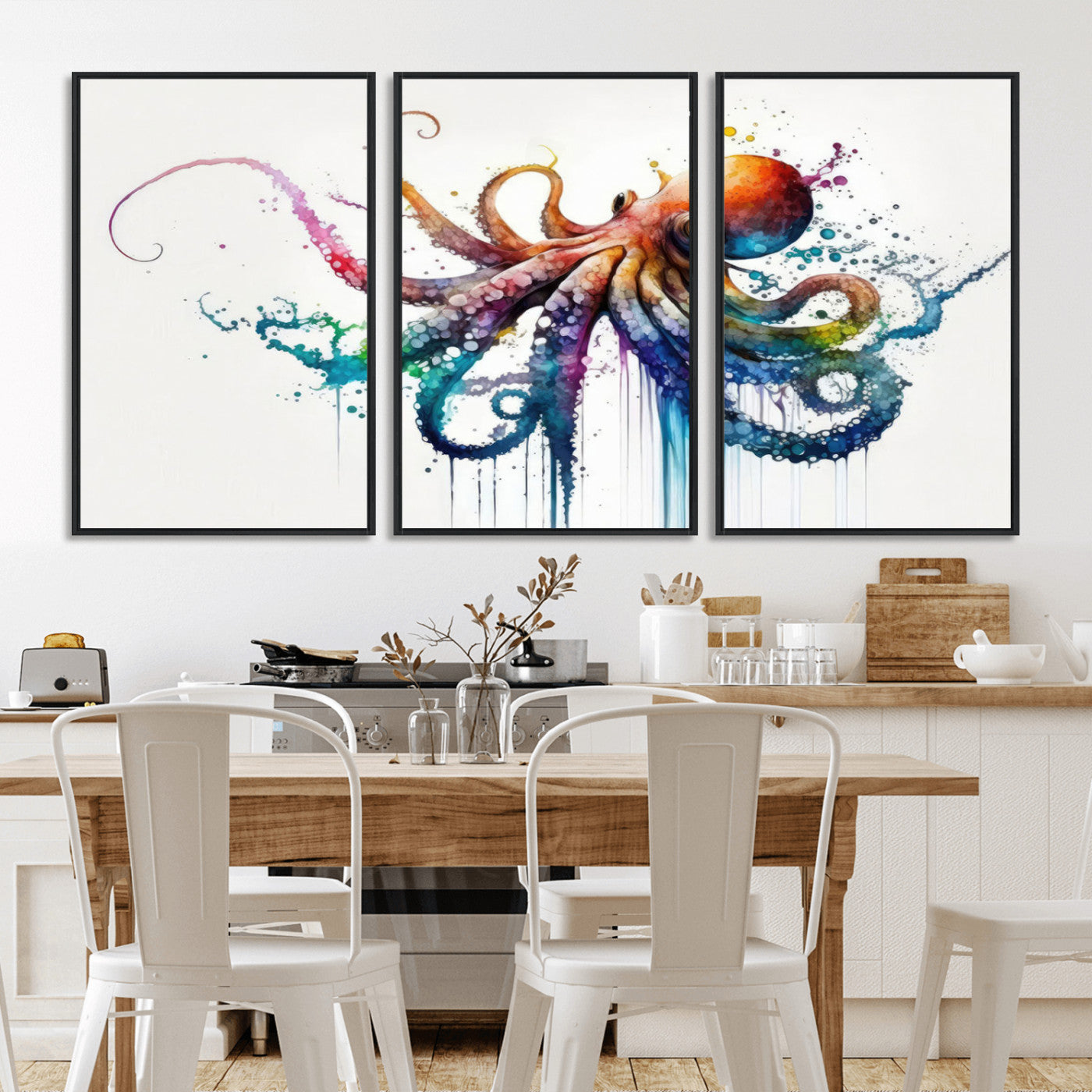 MGV-FC-60X30-3P - Watercolor Vibrant Octopus Wall Art Canvas Print | Abstract Sea Life Art | Colorful Marine Creature