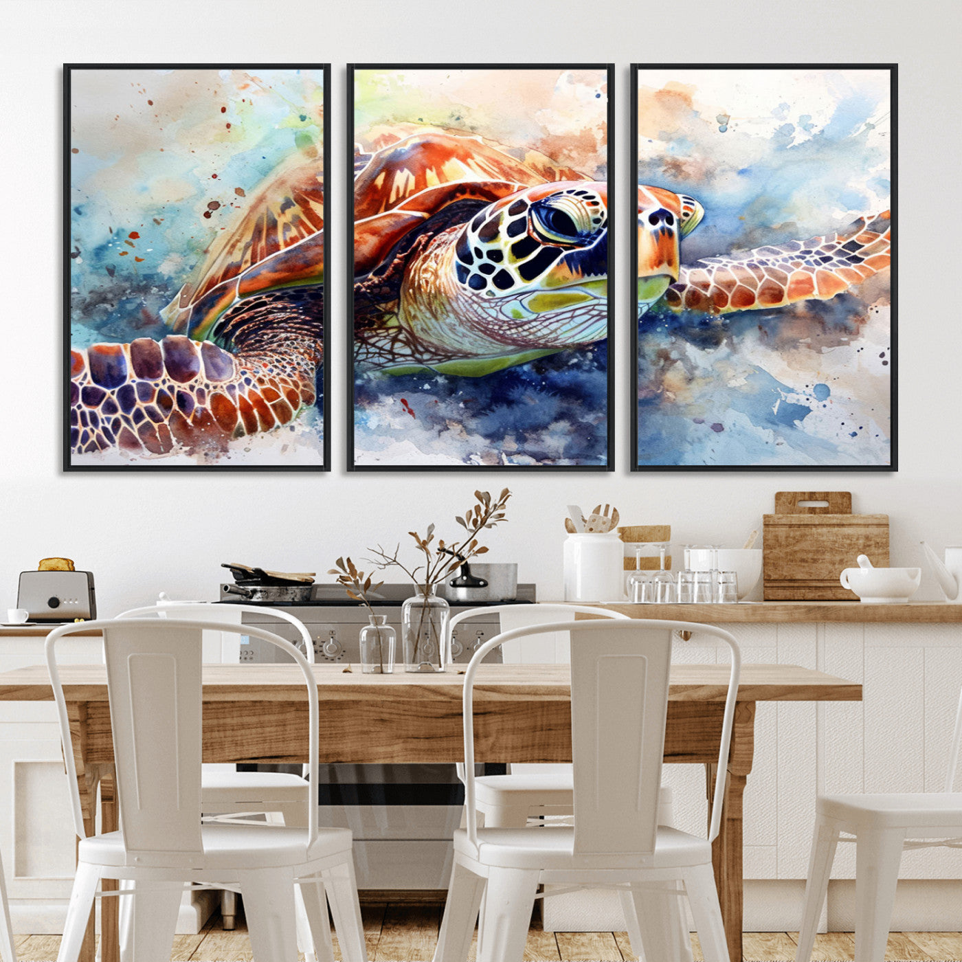 MGV-FC-60X30-3P - Watercolor Sea Turtle Wall Art Canvas Print - Vibrant Ocean Colors in Watercolor Style - Ready to