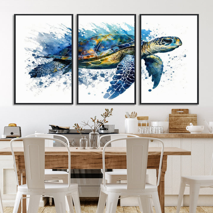 A living room features an eco-friendly inks sea turtle art print from [Keyword] Canvas Wall Art.