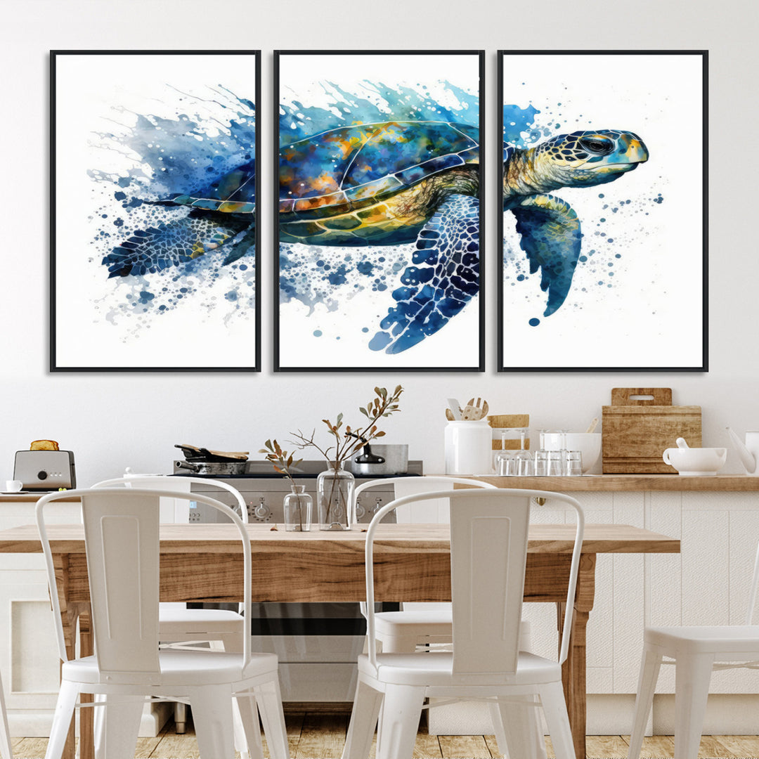 The Turtle Wall Art Print, featuring blue splashes, beautifully showcases Ocean Life.