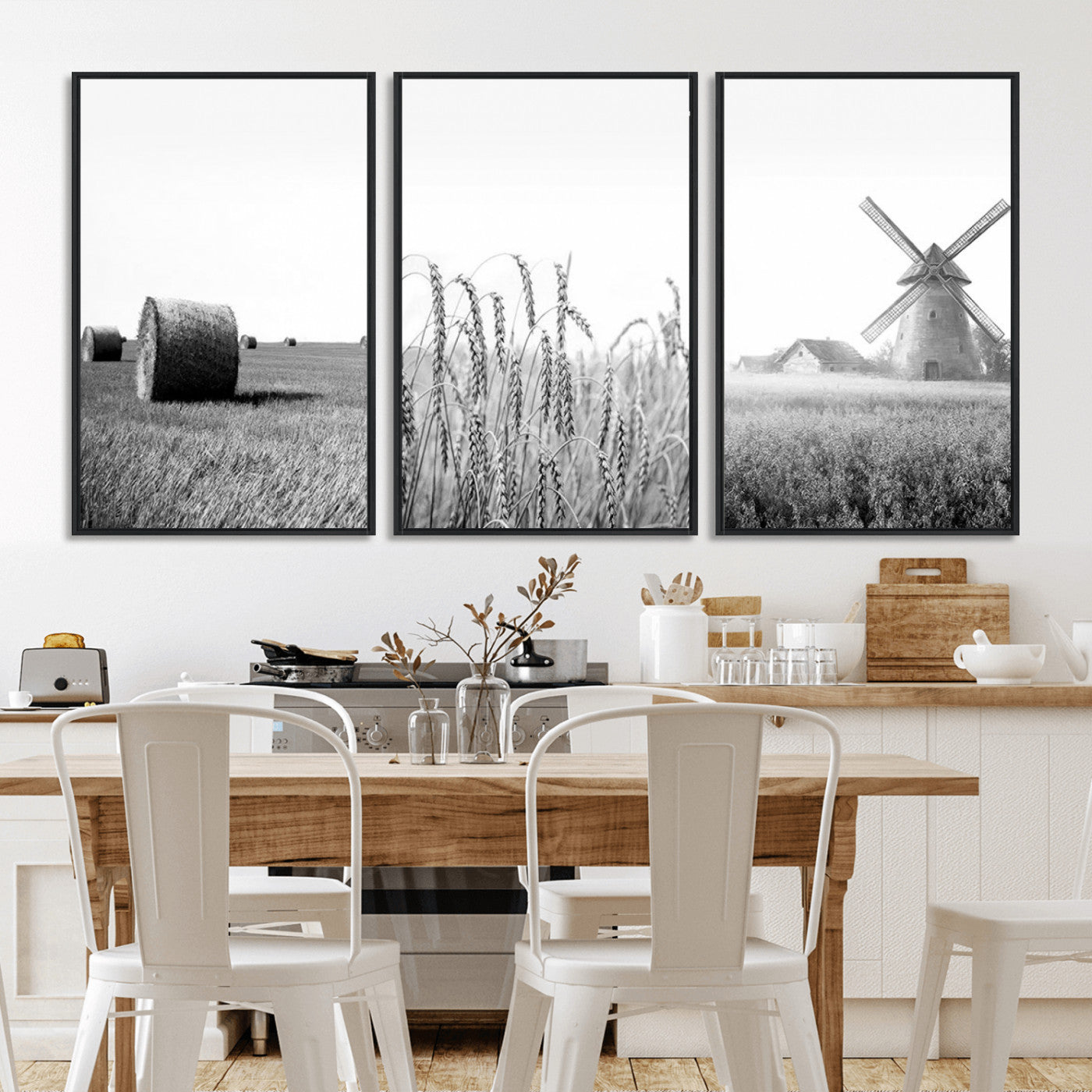 MGV-FC-60X30-3P - Vintage Farmhouse Black and White Triptych Wall Art – Giclee Canvas Featuring Wheat Fields, Hay