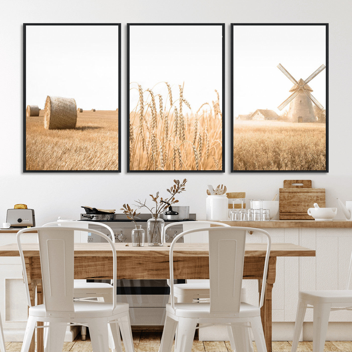 MGV-FC-60X30-3P - Vintage Farmhouse Triptych Wall Art – Giclée Canvas Featuring Wheat Fields, Hay Bales, and a