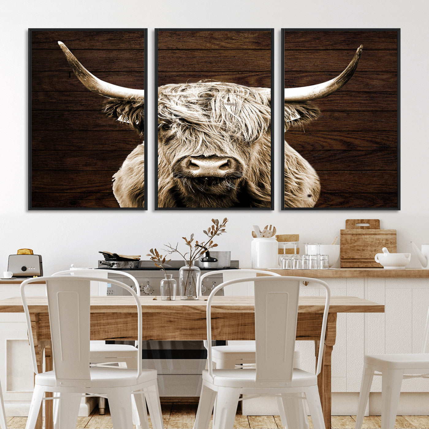 MGV-FC-60X30-3P - Highland Cow Wall Art Canvas Print, Rustic Farmhouse Decor, Majestic Scottish Highland Bull Portrait