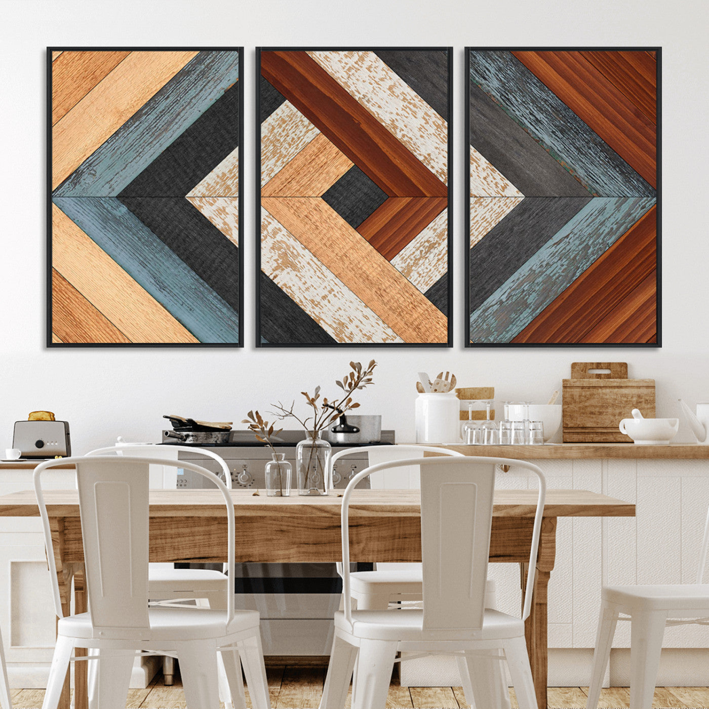MGV-FC-60X30-3P - Geometric Wood Art Wall Decor Canvas Print, Rustic Wooden Pattern Triptych Wall Art for Living Room