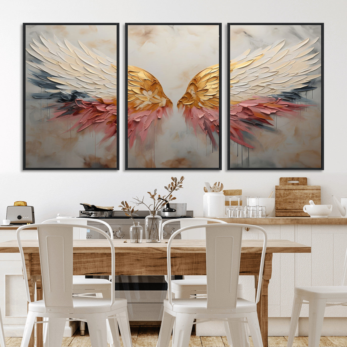 MGV-FC-60X30-3P - Golden Angel Wings Wall Art Canvas Print – Stunning Abstract Winged Art for Elegant Home Decor –