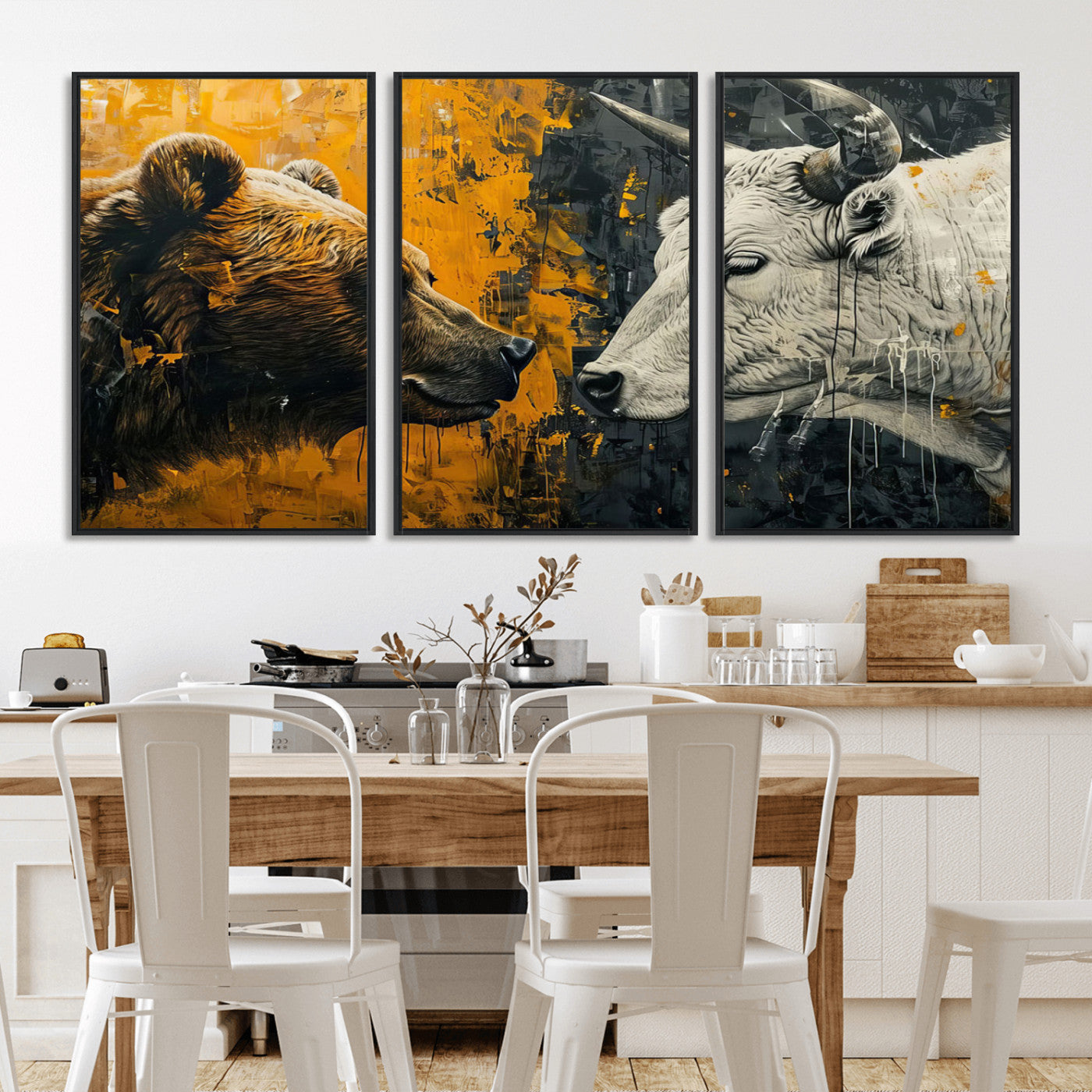 MGV-FC-60X30-3P - Bear and Bull Wall Art Canvas Print – Abstract Animal Portrait Painting for Modern Home Decor –