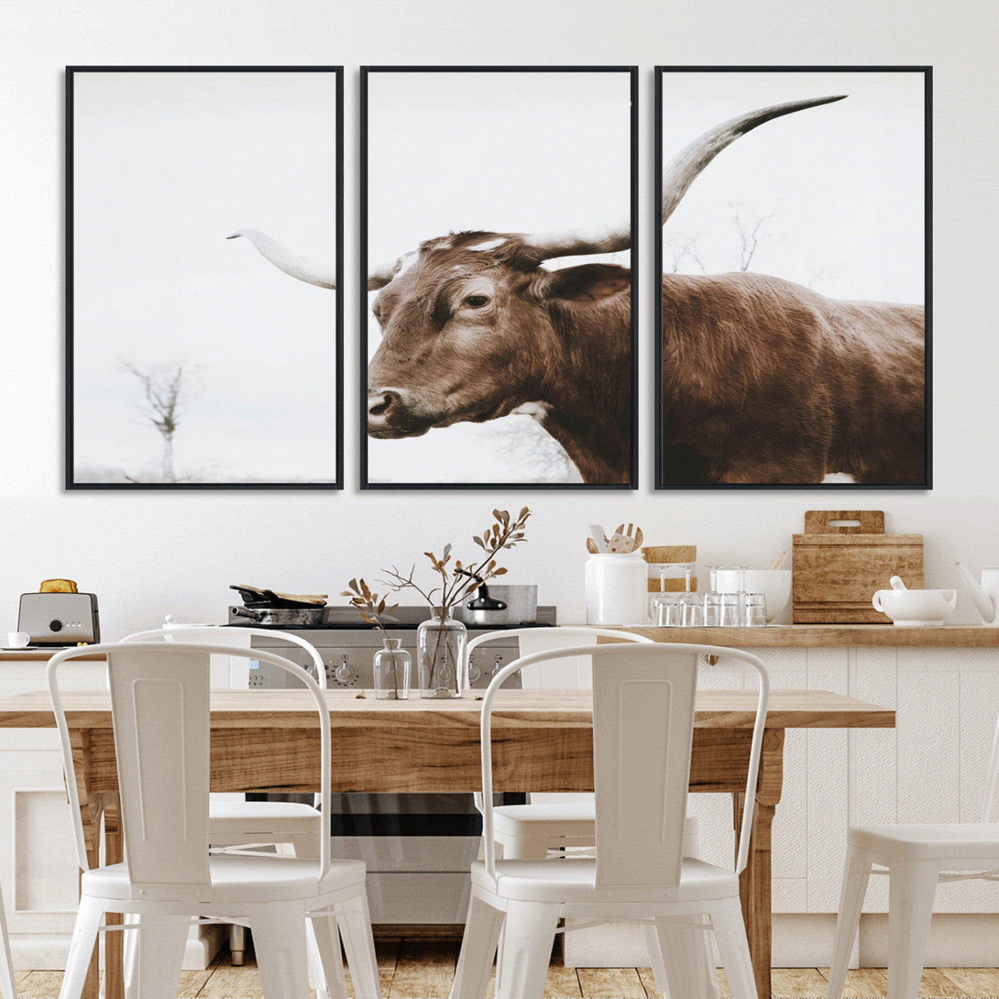 MGV-FC-60X30-3P - Rustic Bull Wall Art Canvas Print – Modern Longhorn Farmhouse Animal Decor – Abstract Farm Cow