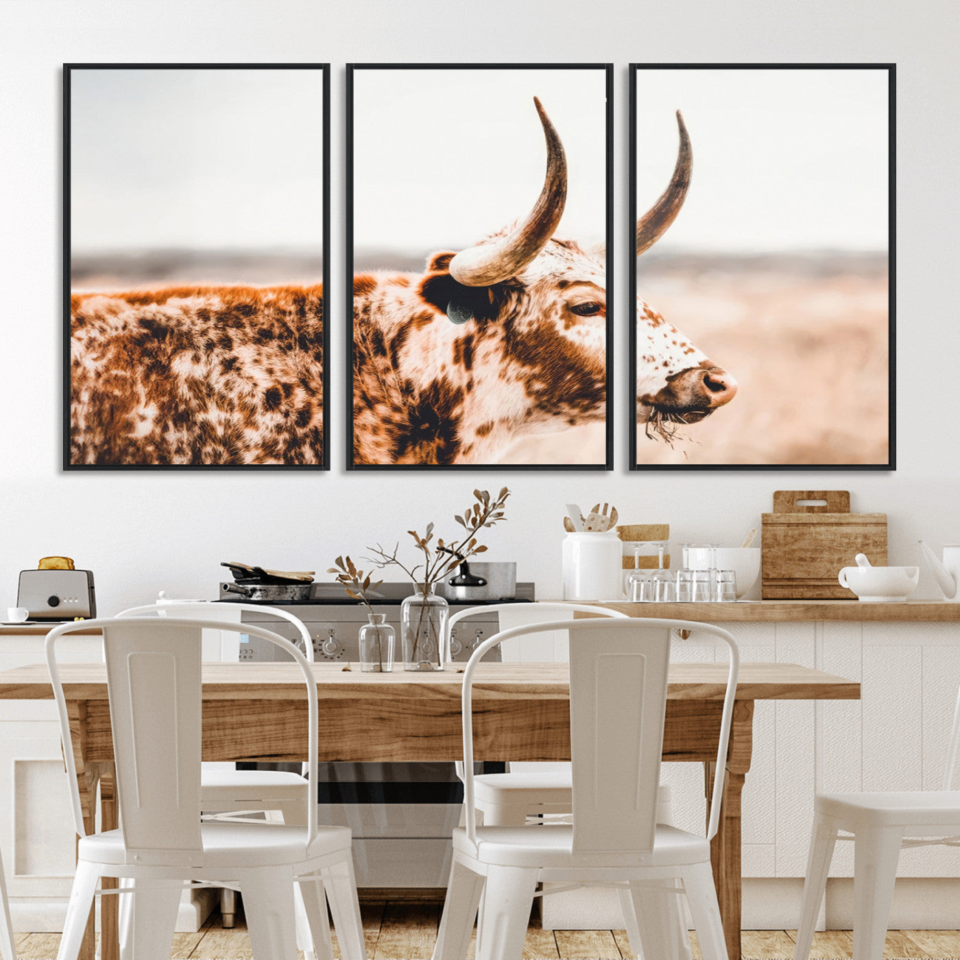 50356-MGV-FC-60X30-3P_Black-Speckled Bull Wall Art Canvas Print – Rustic Cow Longhorn Farmhouse Animal Decor – Western Longhorn