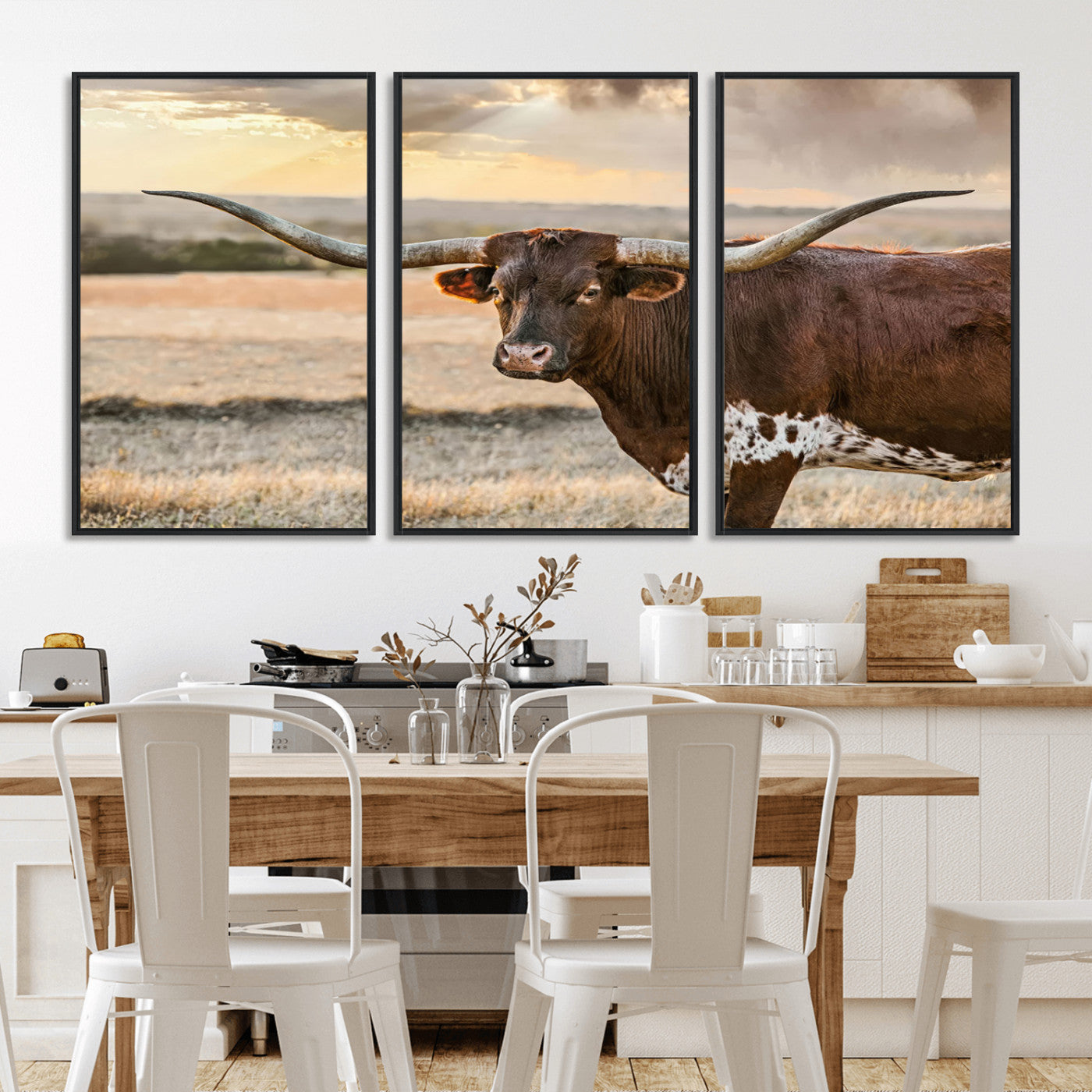 MGV-FC-60X30-3P - Texas Longhorn Wall Art Canvas Print, Rustic Ranch Decor, Majestic Western Longhorn Cattle