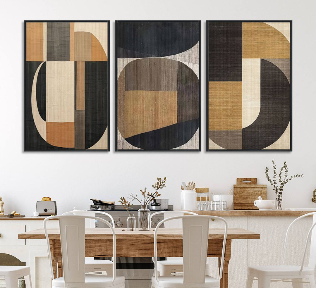 Framed Wabi Sabi Art Print: A modern minimalist geometric canvas featuring earthy tones and overlapping rounded shapes. Ready to hang.