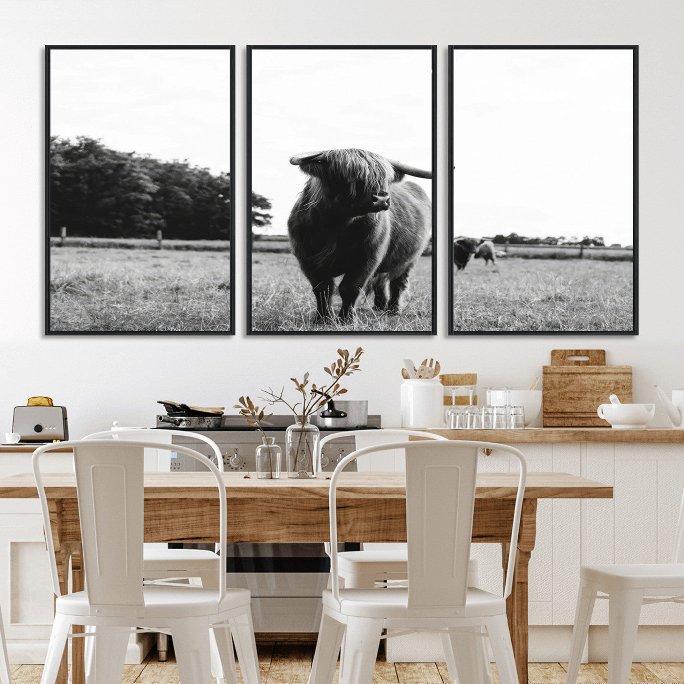 MGV-FC-60X30-3P - Black and White Highland Cow Wall Art Canvas Print | Rustic Western Decor for Living Room or Office,