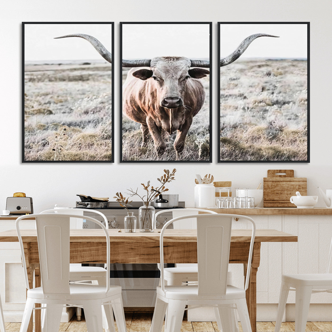 26121-MGV-FC-60X30-3P_Black-Rustic Texas Longhorn Wall Art Canvas Print | Western Farmhouse Decor for Living Room or Office,