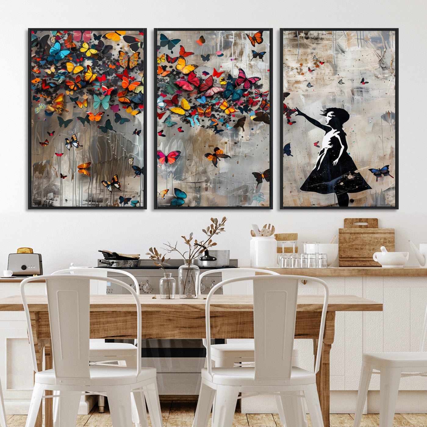 MGV-FC-60X30-3P - Banksy Wall Art - Banksy Girl and Butterfly Explosion Wall Art Canvas Print | Girl with Butterflies