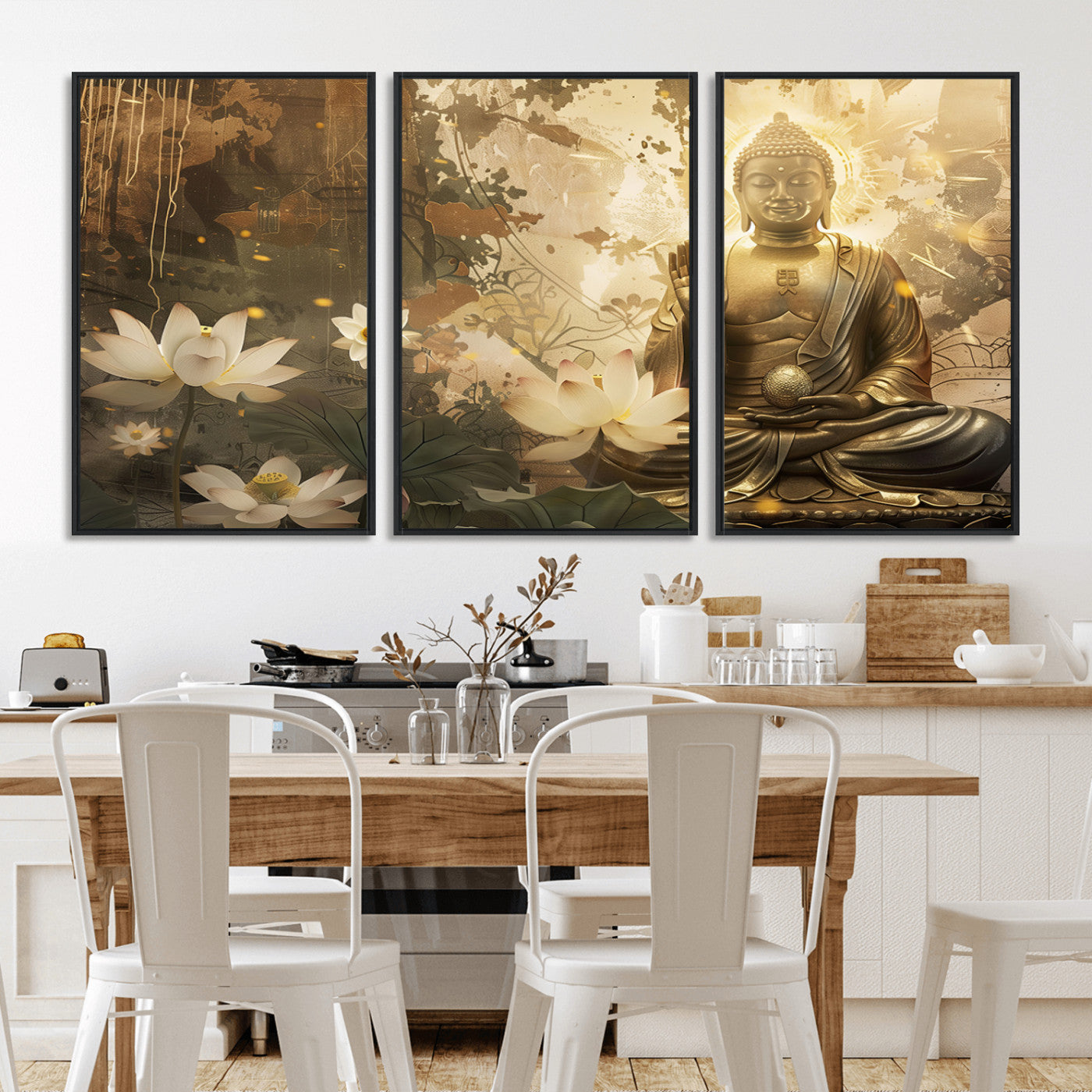 MGV-FC-60X30-3P - Zen Buddha Wall Art Canvas Print | Peaceful Meditation Decor with Lotus Flowers | Spiritual Serenity