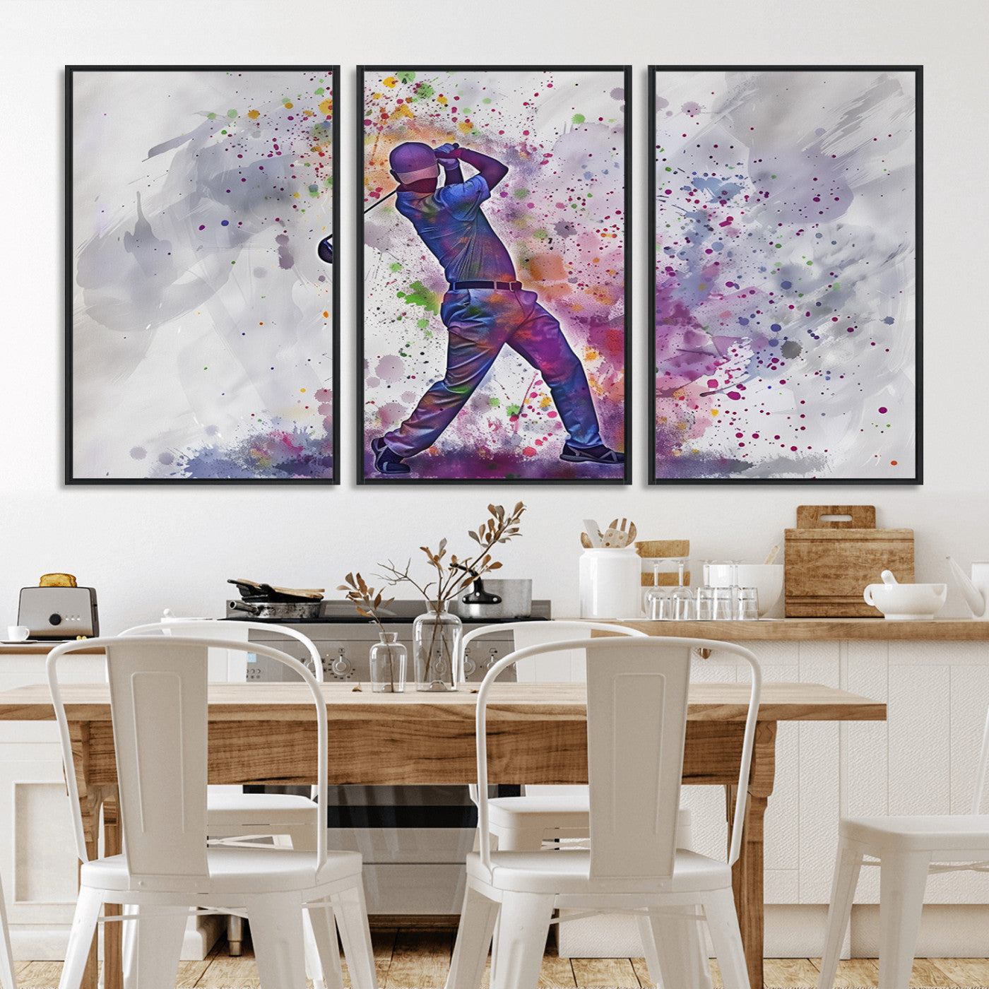MGV-FC-60X30-3P - Watercolor Golf Swing Wall Art Canvas Print | Vibrant Abstract Golf Player Silhouette |