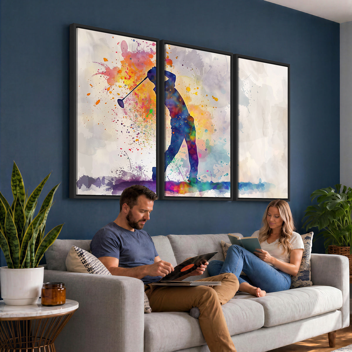 89625-MGV-CV-36X24 - Vibrant Watercolor Golf Swing Wall Art Canvas Print | Extra Large 3 Piece Canvas Wall Art