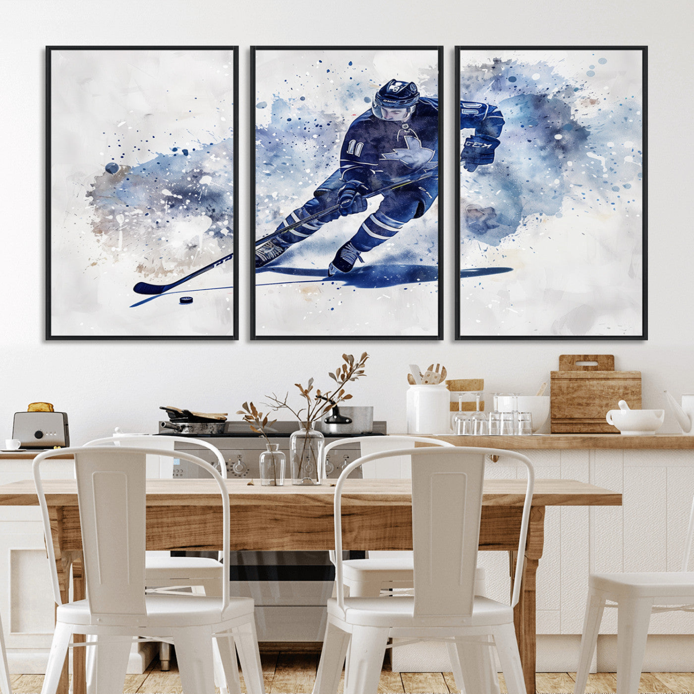 MGV-FC-60X30-3P - Hockey Player Wall Art Canvas Print - Sports-Inspired Watercolor Decor - Ready to Hang