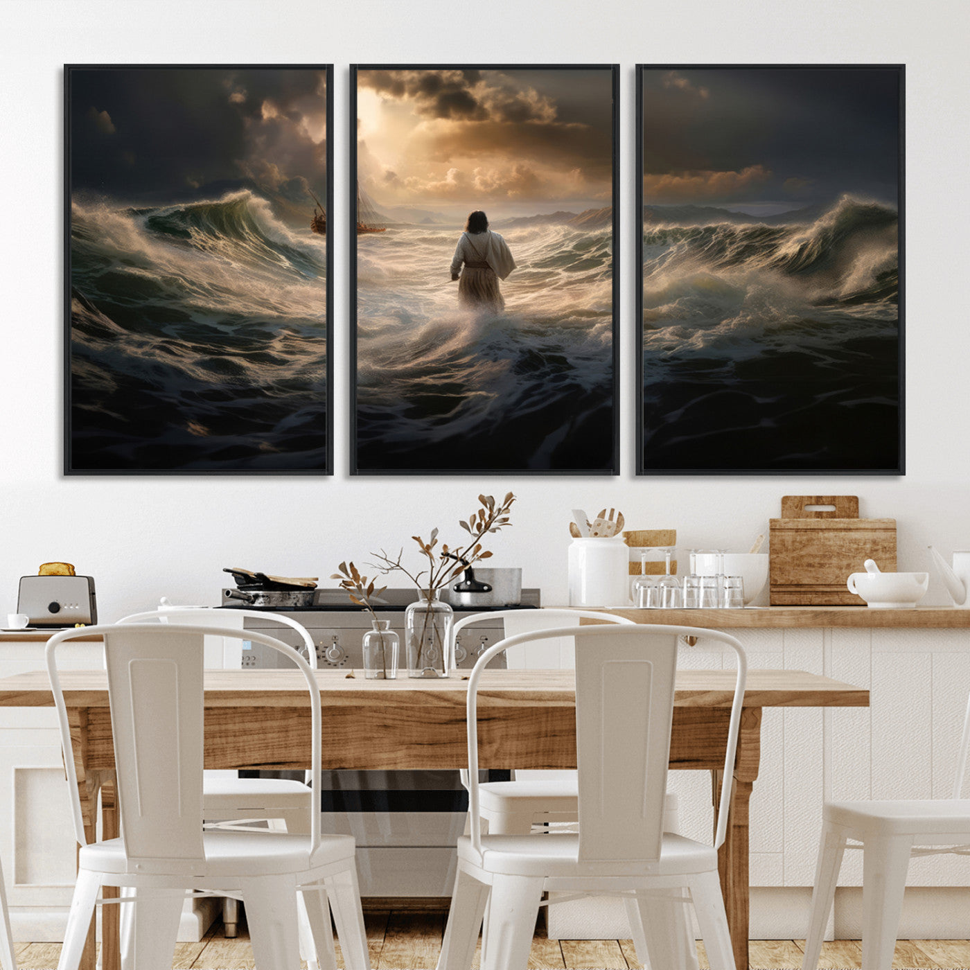 MGV-FC-60X30-3P - Jesus Walking on Water Wall Art Canvas Print - Religious Spiritual Decor - Jesus Wall Art Canvas