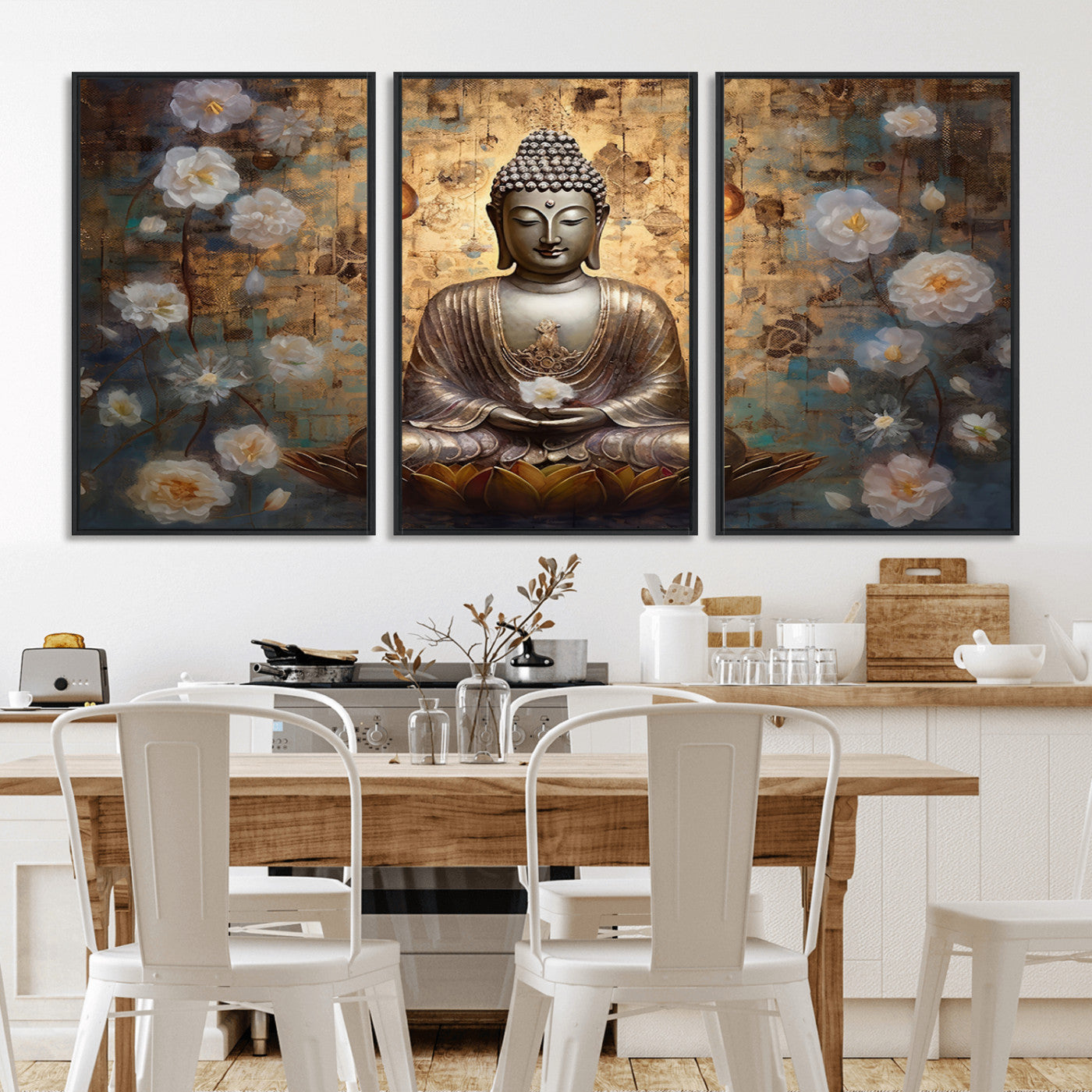 MGV-FC-60X30-3P - Golden Buddha Wall Art Canvas Print | Zen Meditation Floral Decor | Tranquil Spiritual Home Art |