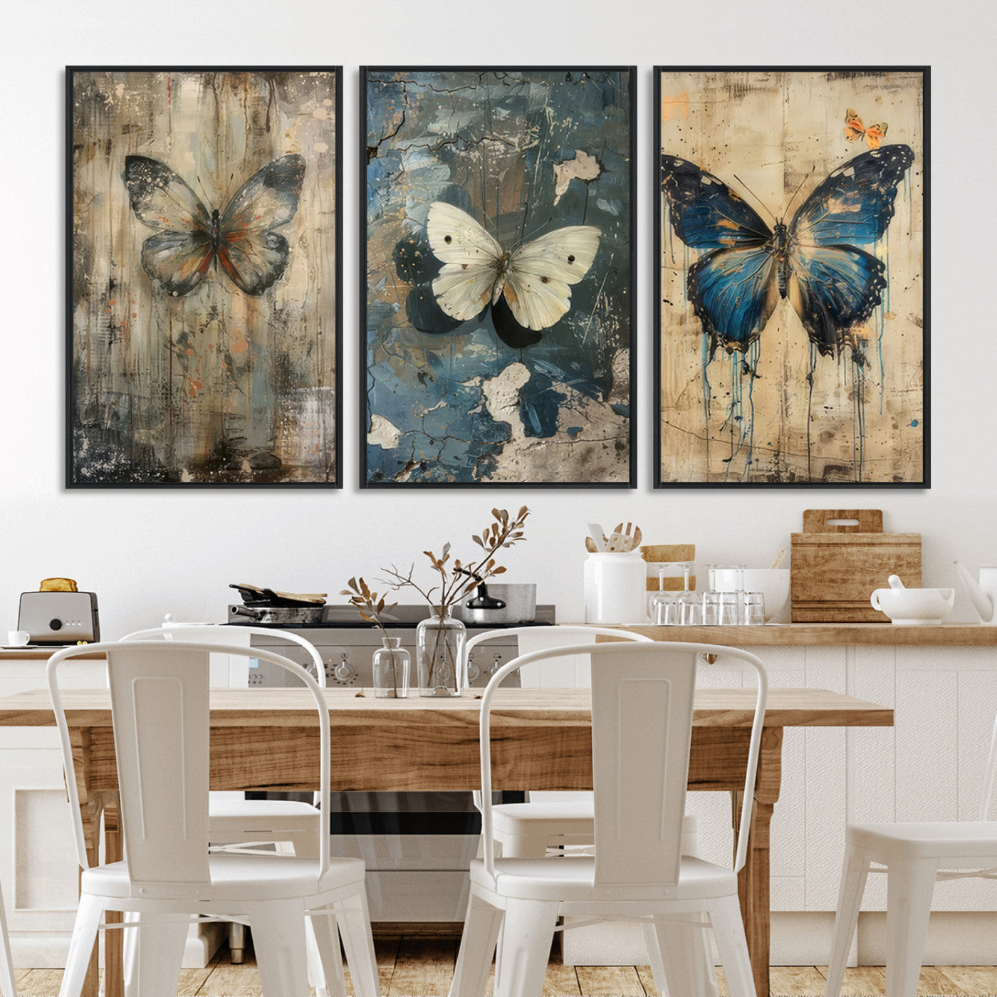 MGV-FC-60X30-3P - Butterfly Wall Art Trio | Vintage Butterfly Canvas Print | Ready to Hang Framed Artwork for