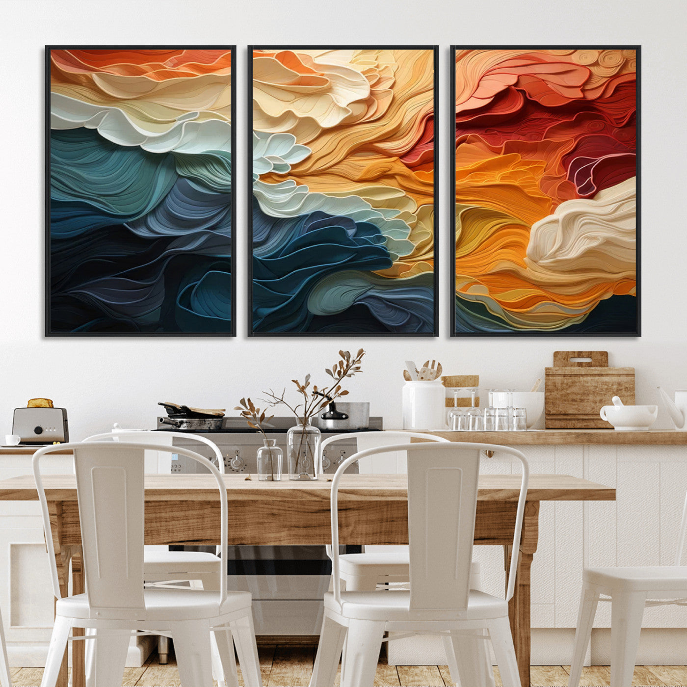 MGV-FC-60X30-3P - Blue Orange Abstract Wave Wall Art Canvas Print, Framed Blue Orange Wave Wall Art