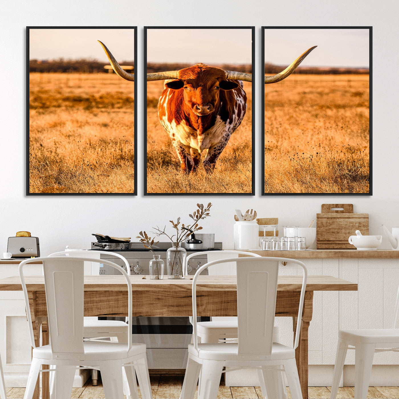 MGV-FC-60X30-3P - Longhorn Cow Wall Art | Ready to Hang Framed Canvas Print for Farmhouse and Barn Decor