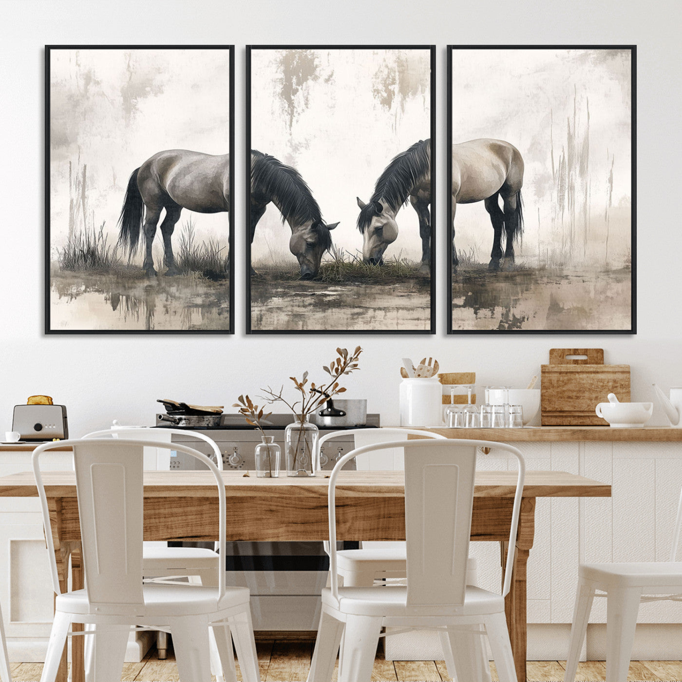 35494-MGV-FC-60X30-3P_Black-Chines Ink Style Vintage Horses Wall Art Canvas Print for Farmhouse Wall Decor