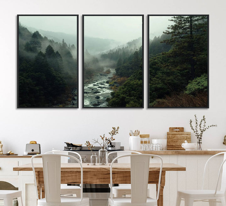 The Misty Forest Wall Art features a serene landscape with a misty river and evergreens, ideal for enhancing the ambiance of any living room or cabin.