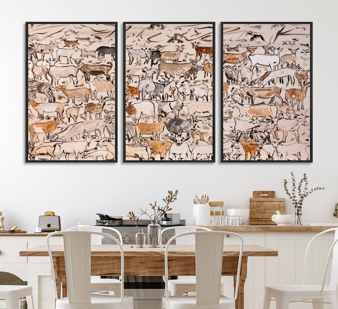 Framed Goat Herd Wall Art in minimal brush strokes on a beige backdrop, ideal for farmhouse or cabin decor.