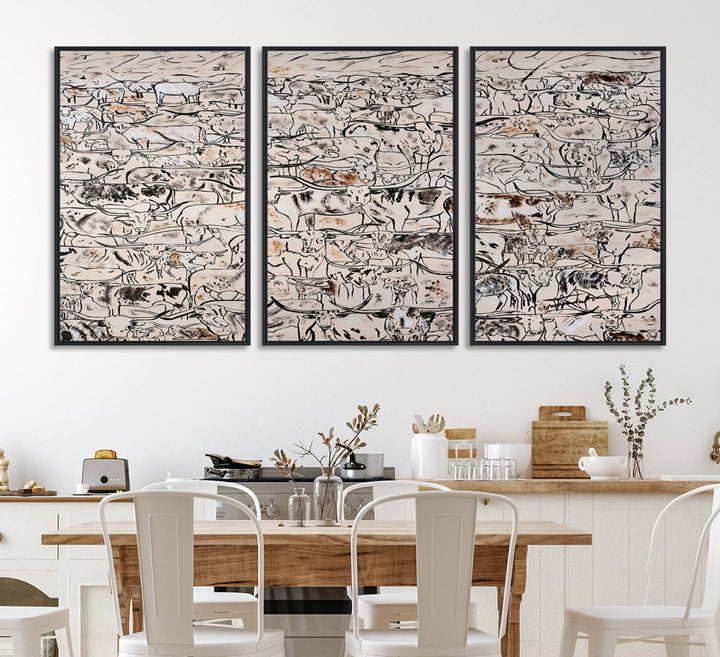 The dining room features a rustic decor highlighted by the Cattle Herd Wall Art.