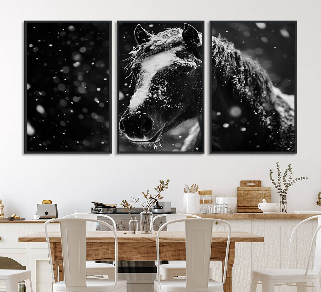 The Winter Horse Wall Art showcases a gentle horse print with snowflakes, ideal for rustic farmhouse or cabin decor.