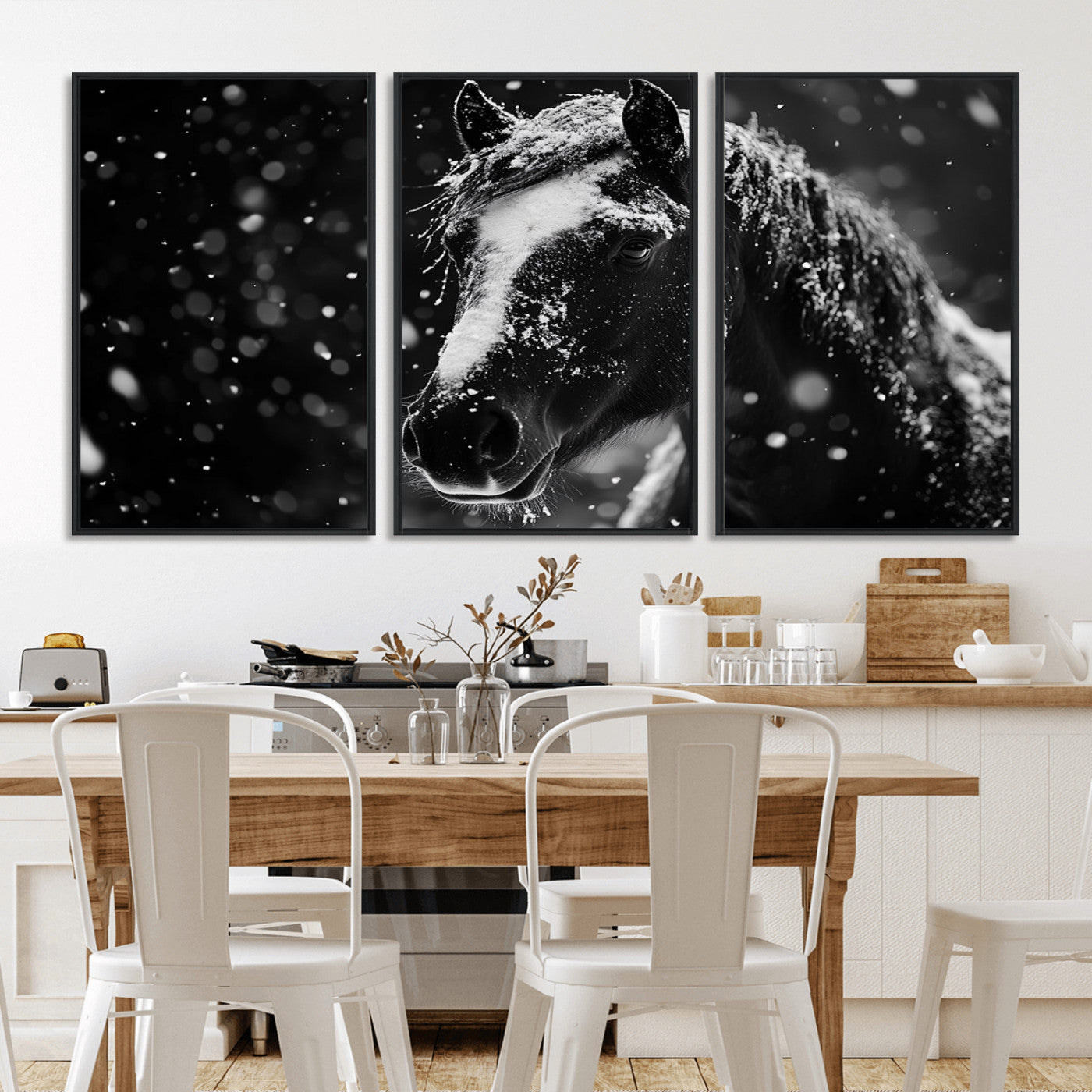 MGV-FC-60X30-3P - Winter Horse Wall Art | Black and White Horse Print | Ready to Hang and Framed | Farmhouse Wall Art