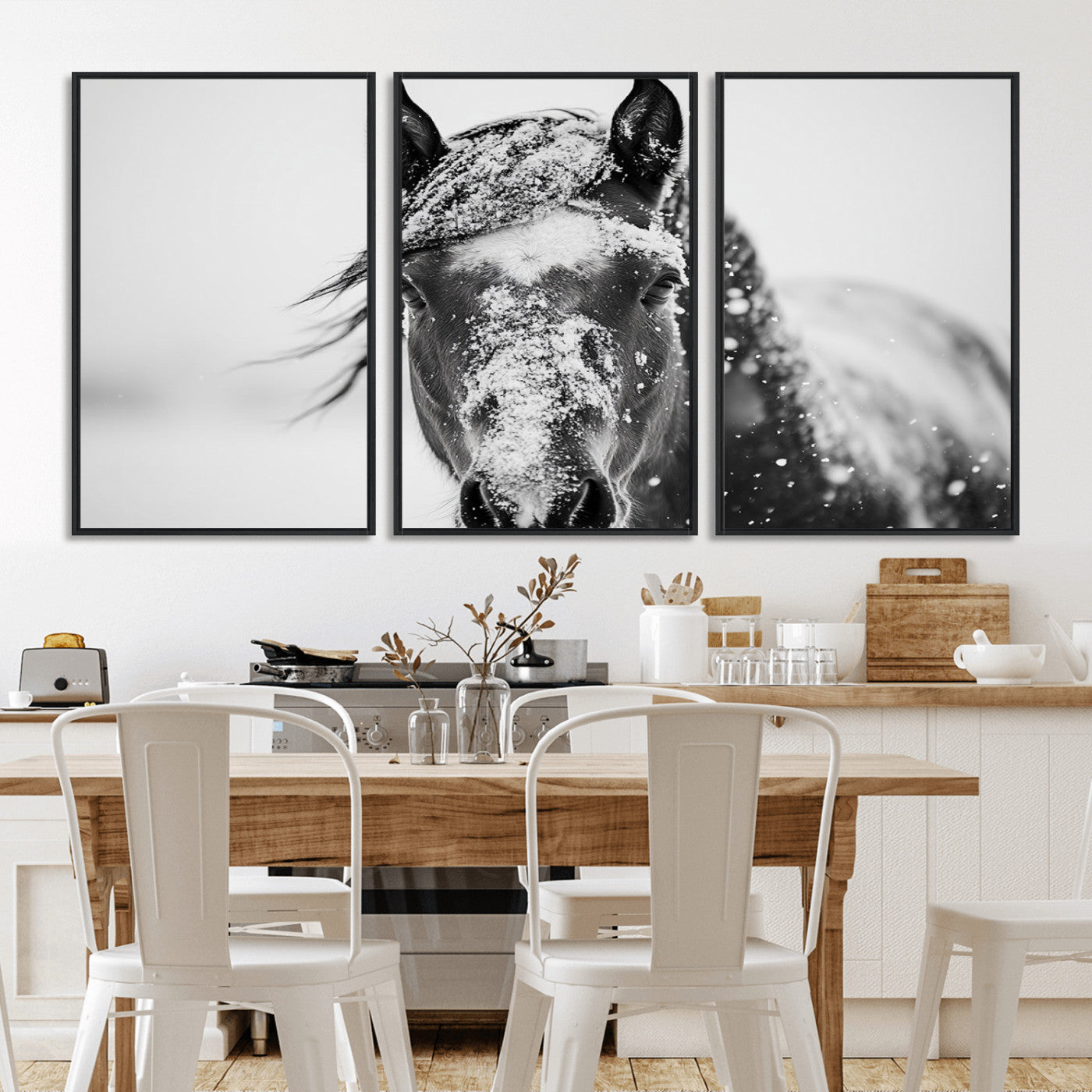 MGV-FC-60X30-3P - Western Wall Art | Black and White Winter Horse Wall Art | Ready to Hang and Framed | Farmhouse and