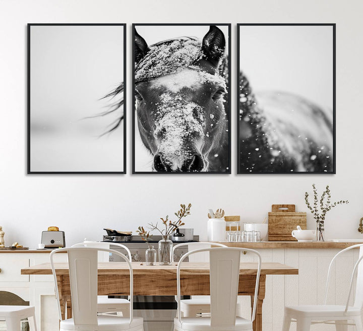 This black and white winter horse wall art enhances any decor; it is ready to hang and framed for a farmhouse or Western style.