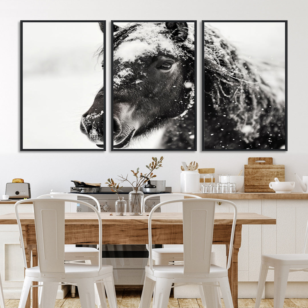 The wall art is a Black and White Horse piece, framed and ready to hang.