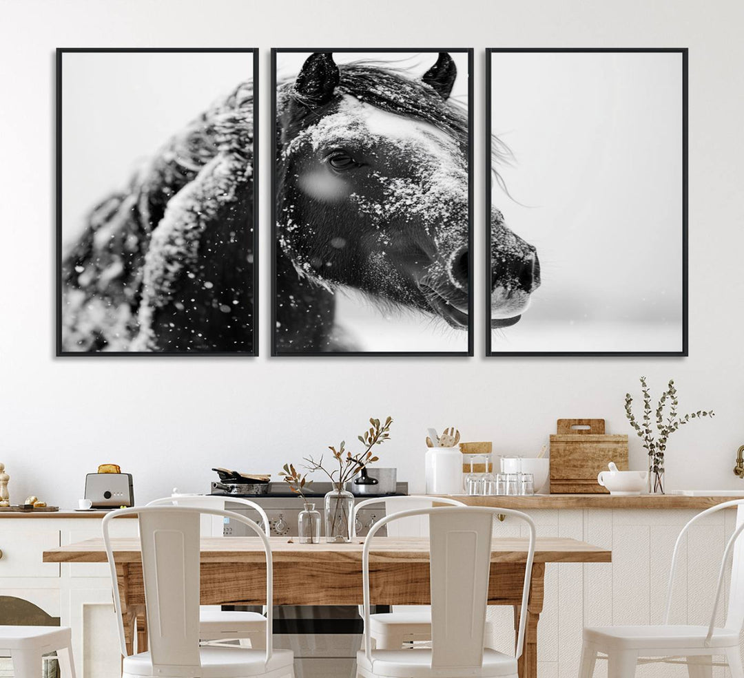 A large 3-panel rustic farmhouse wall art showcases a black and white winter horse canvas print against a snowy backdrop.