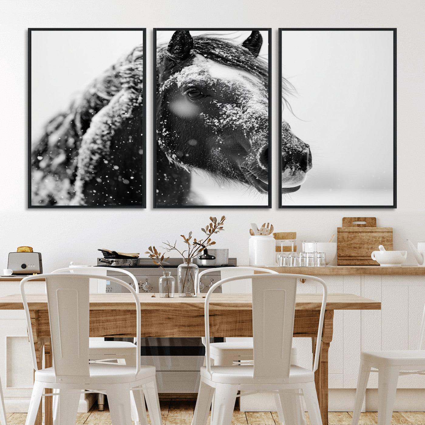 MGV-FC-60X30-3P - Winter Horse Canvas Print | Large 3-Panel Black White Equine Photography for Rustic Farmhouse Wall